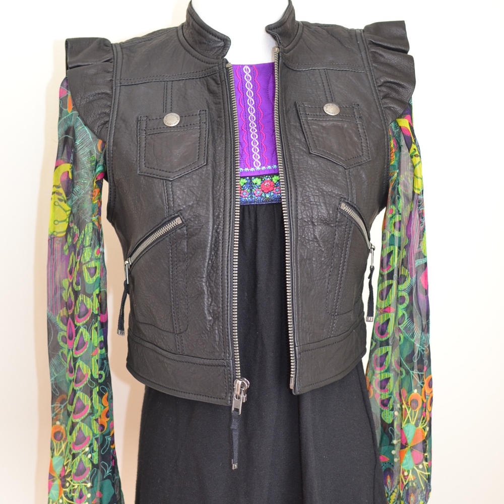 Juicy Couture Black Leather Ruffle Zip Up Vest OC4